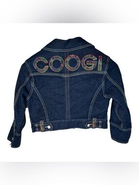 Coogi Cropped Denim Jacket Rainbow Embroidery Size Large Dark Wash Y2K